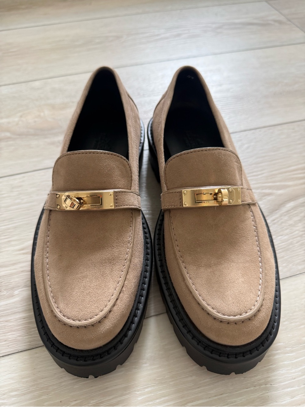 Hermes women’s Icone Suede Loafers with Gold Accent — Tan Beige 36